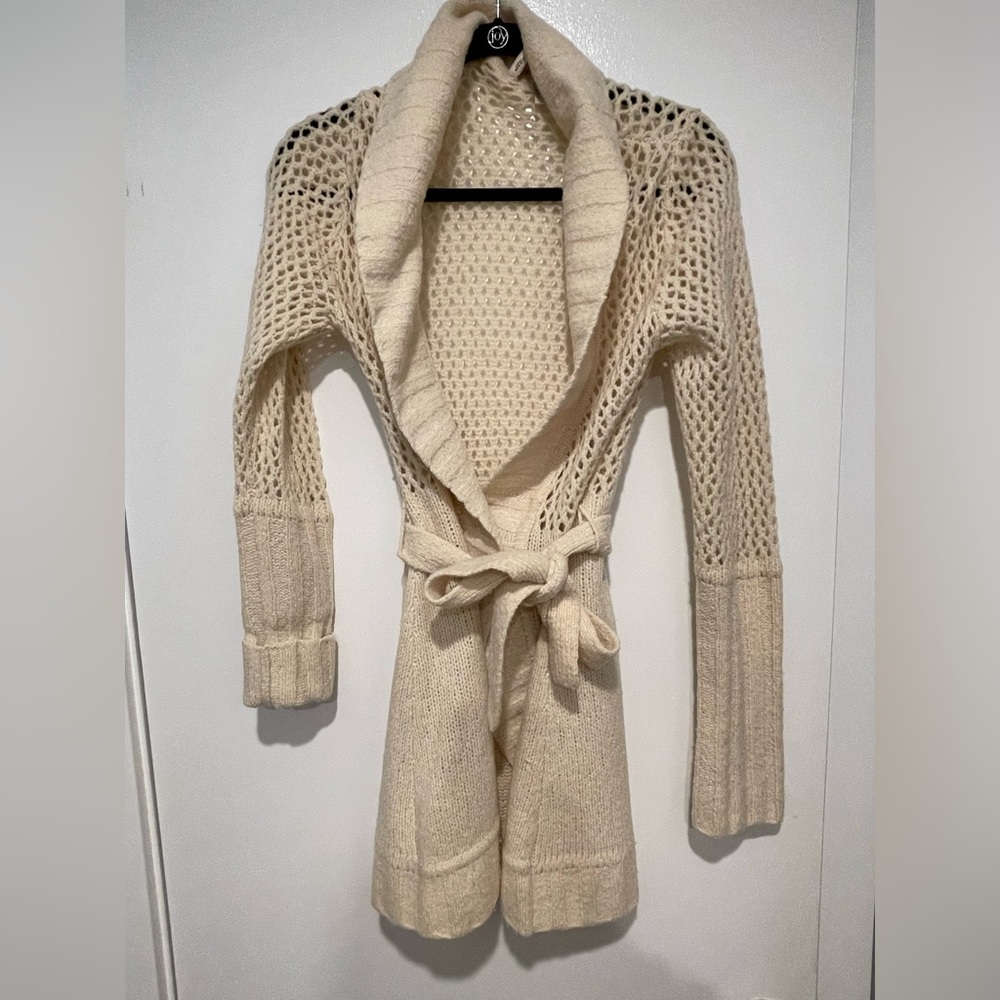Anthropologie Moth cream belted cardigan. Crocheted top. Soft & stretchy.